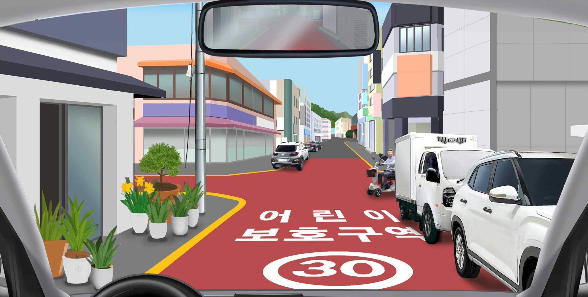 다음 도로상황에서 가장 안전한 운전행동 2가지는?