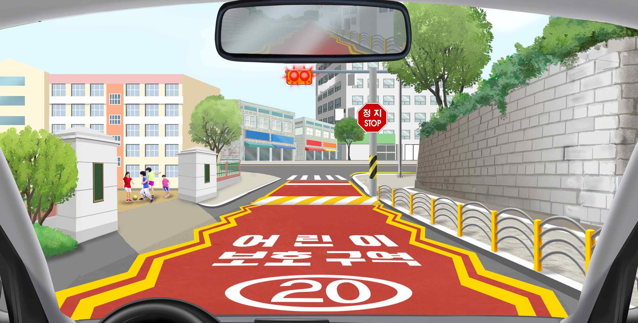 다음 도로상황에서 가장 올바른 운전방법 2가지는?