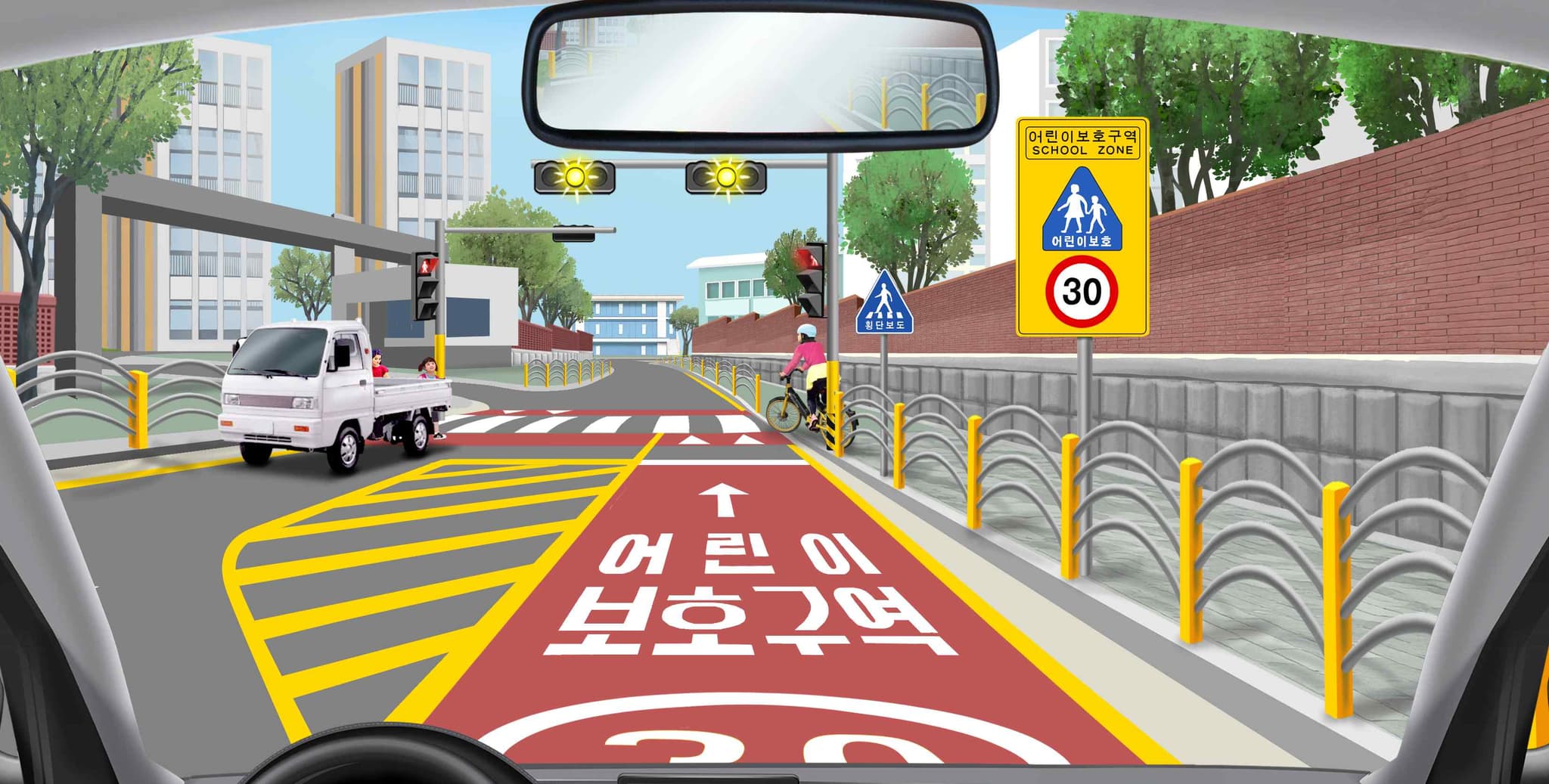 다음 상황에서 가장 안전한 운전방법 2가지는?