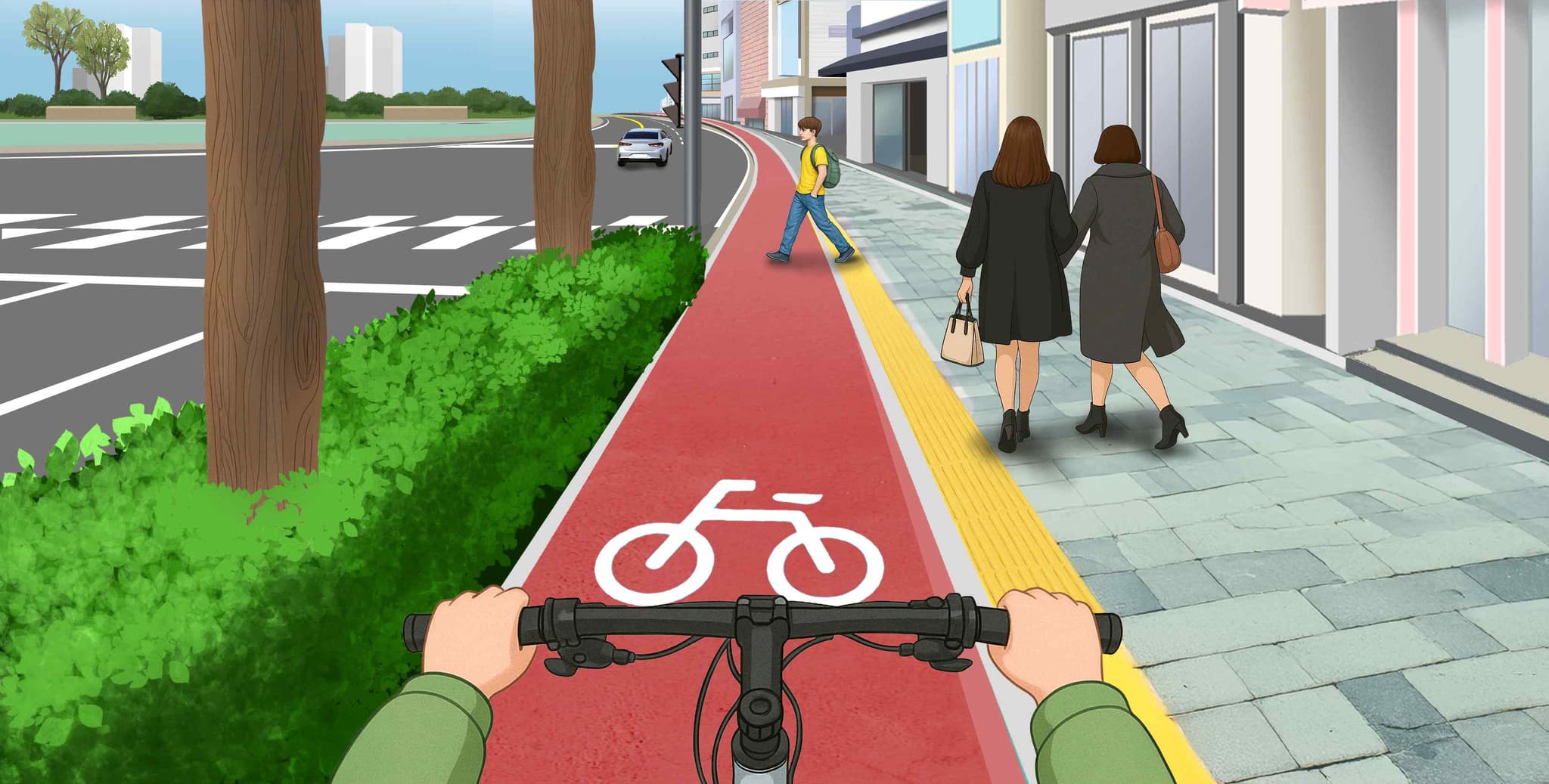 자전거를 운전 중이다. 가장 안전한 운전방법 2가지는?